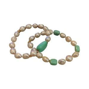 White Pearl and Green Opal Stretch Bracelet Stack. Handmade opal bracelets.